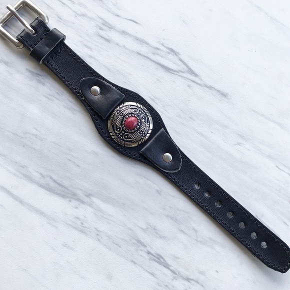 Handmade black leather cuff silver totem red gem - Picture 3 of 8